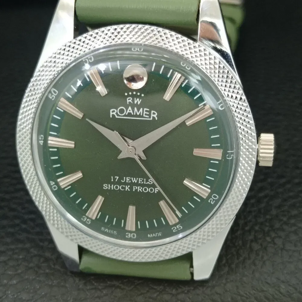 Vintage 1980 Roamer Manual Mens Silver Watch W/Leather Strap & Green accents